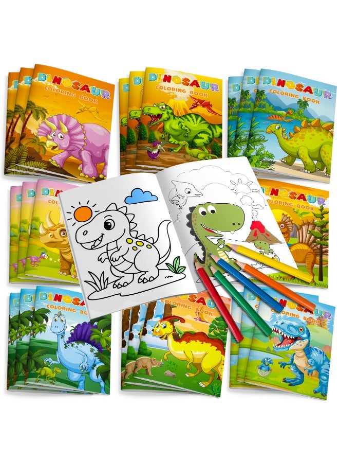 FRUITFUL PARTY 36pcs Dinosaur Mini Coloring Books Craft Kit Set - 24Dinosaur Coloring Book Bulk + 12 Colorful Pencils, Dino Coloring Book for Dinosaur Birthday Decorations Supplies Dinosaur Party Favors Fillers - Image 1
